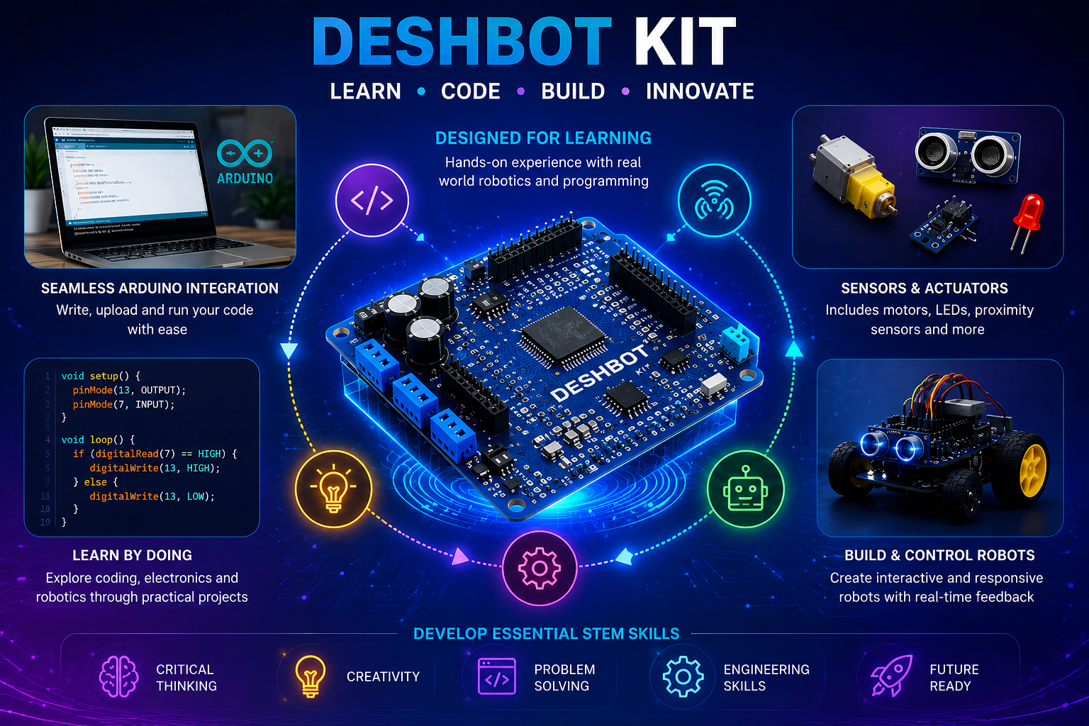 DeshBot Robot Shield for Arduino, robotics education platform for coding, electronics, STEM learning, robot development, and innovation.